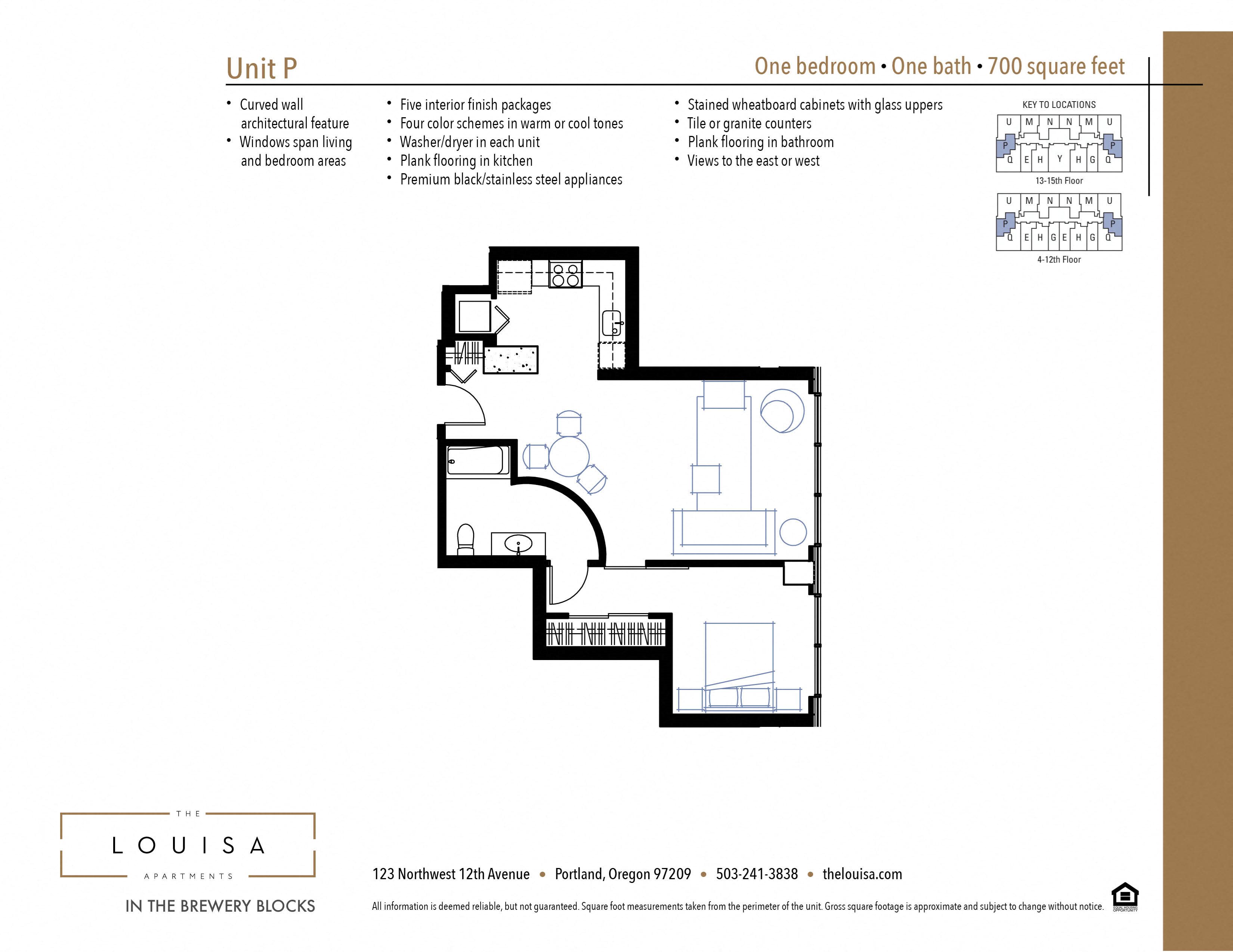 1 Bed 1 Bath (P) Floor Plan 1 Bed 1 Bath (P) Floor Plan at The Louisa Apartments in Portland, Oregon